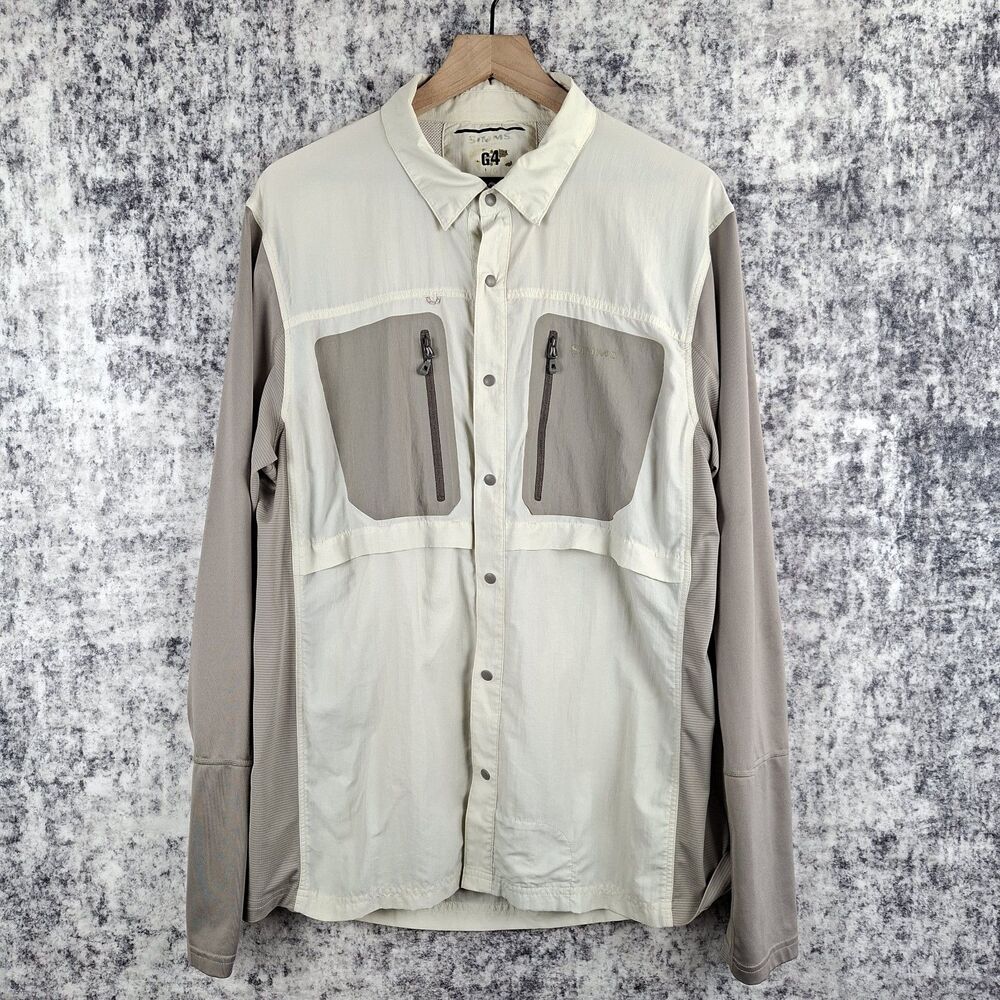 Simms G4 TriComp Fishing Shirt Mens Size L Bone Long Sleeve Vented Zip Pocket